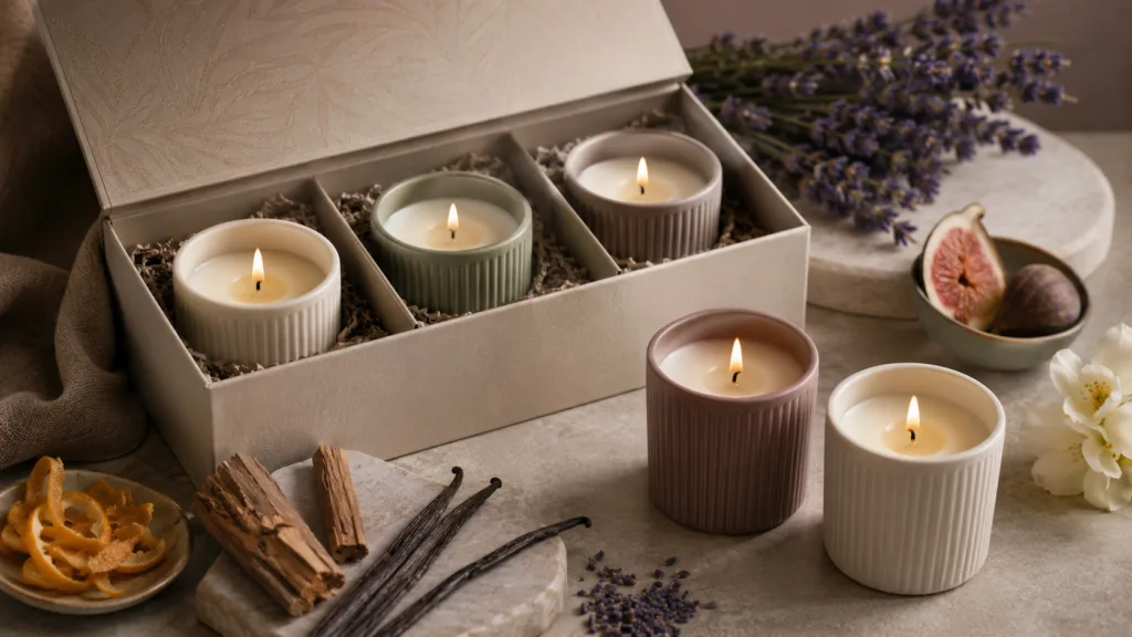 Designing the Perfect Candle Gift Set for Any Occasion 4 Three-candle discovery gift set with multiple fragrance styles arranged in elegant packaging for scent exploration and repeat purchases