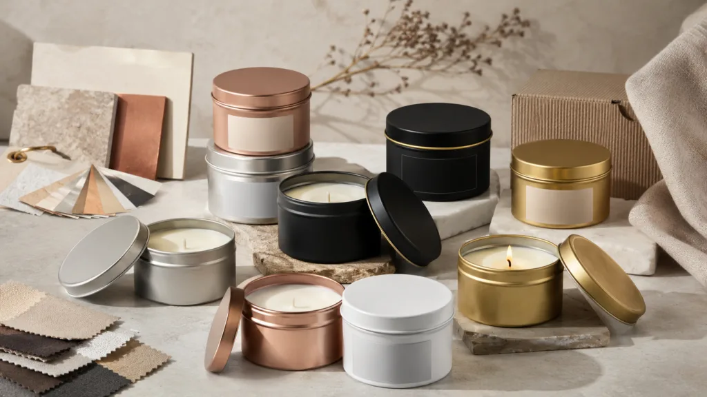 How Much Do Tin Candles Cost? Wholesale Pricing Explained 3 Assorted tin candle containers in silver, black, white, gold, and rose gold finishes for private label candle customization