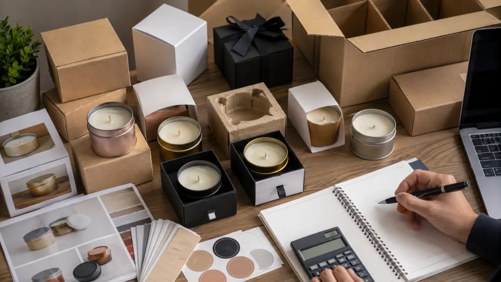 How Much Do Tin Candles Cost? Wholesale Pricing Explained 5 Private label tin candle packaging options with boxes, inserts, cartons, and sourcing tools for wholesale MOQ planning