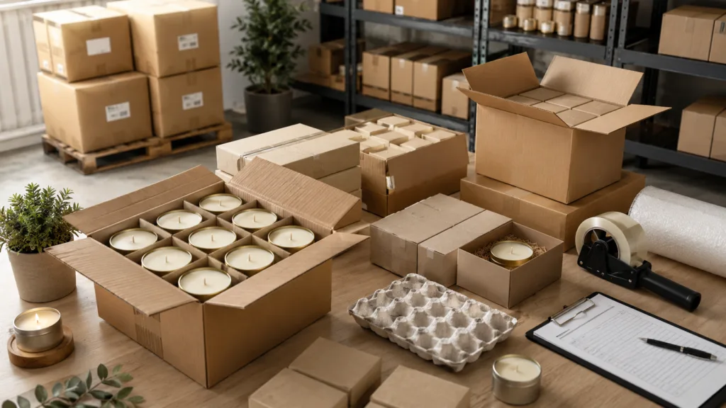 How Much Do Tin Candles Cost? Wholesale Pricing Explained 6 Bulk packed tin candles with cartons, protective packaging, and shipping preparation for wholesale landed cost planning