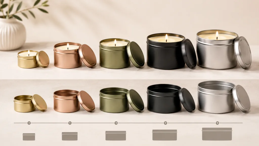 How Much Do Tin Candles Cost? Wholesale Pricing Explained 2 Comparison of different tin candle sizes from small travel tins to larger retail tin candles for wholesale product planning