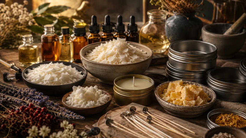 How Much Do Tin Candles Cost? Wholesale Pricing Explained 4 Wax materials, fragrance oils, metal tins, and wick samples used in tin candle manufacturing and wholesale cost planning