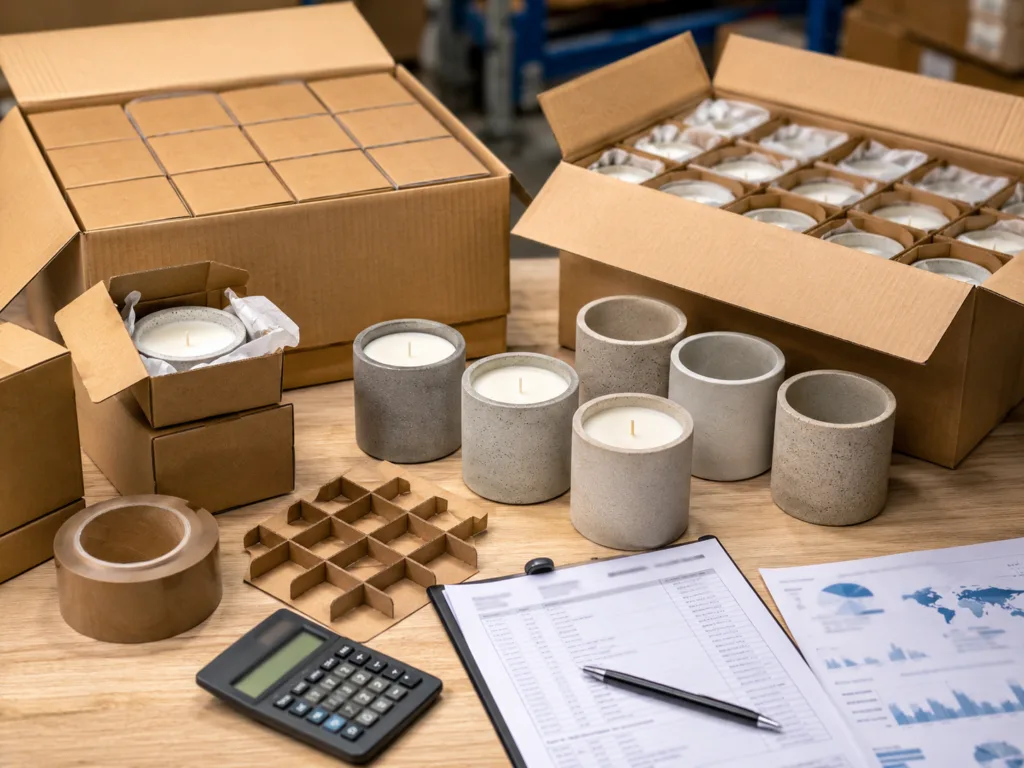 Why Concrete Jar Candles Are Becoming Popular in Modern Home Fragrance 6 Wholesale concrete jar candles and empty concrete vessels packed with protective boxes and export cartons for bulk orders.
