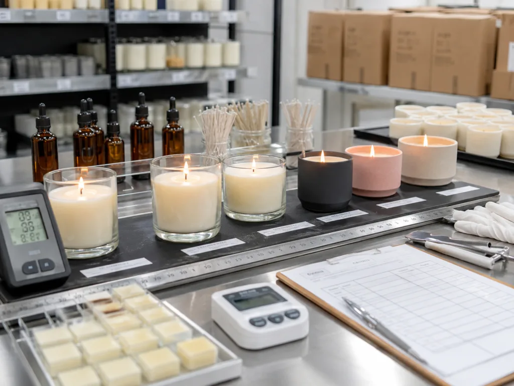 Wholesale Aromatherapy Candles for Wellness Brands, Spas, and Retailers 6 Aromatherapy candle burn testing and quality control before wholesale bulk production