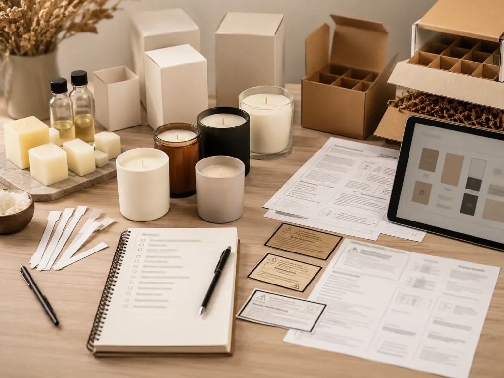 How to Choose the Best Scented Candle for Wholesale, Retail and Private Label Projects 6 B2B scented candle buyer checklist with candle samples, wax blocks, packaging materials and sourcing documents