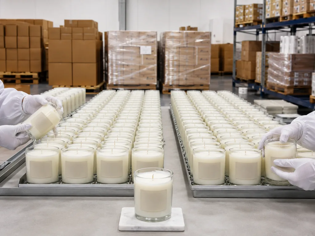 A Candle Sample Is Not the Final Product — It Is the Calibration Standard for Better Bulk Production 6 Bulk candle production checked against approved sample standard for consistent private label orders