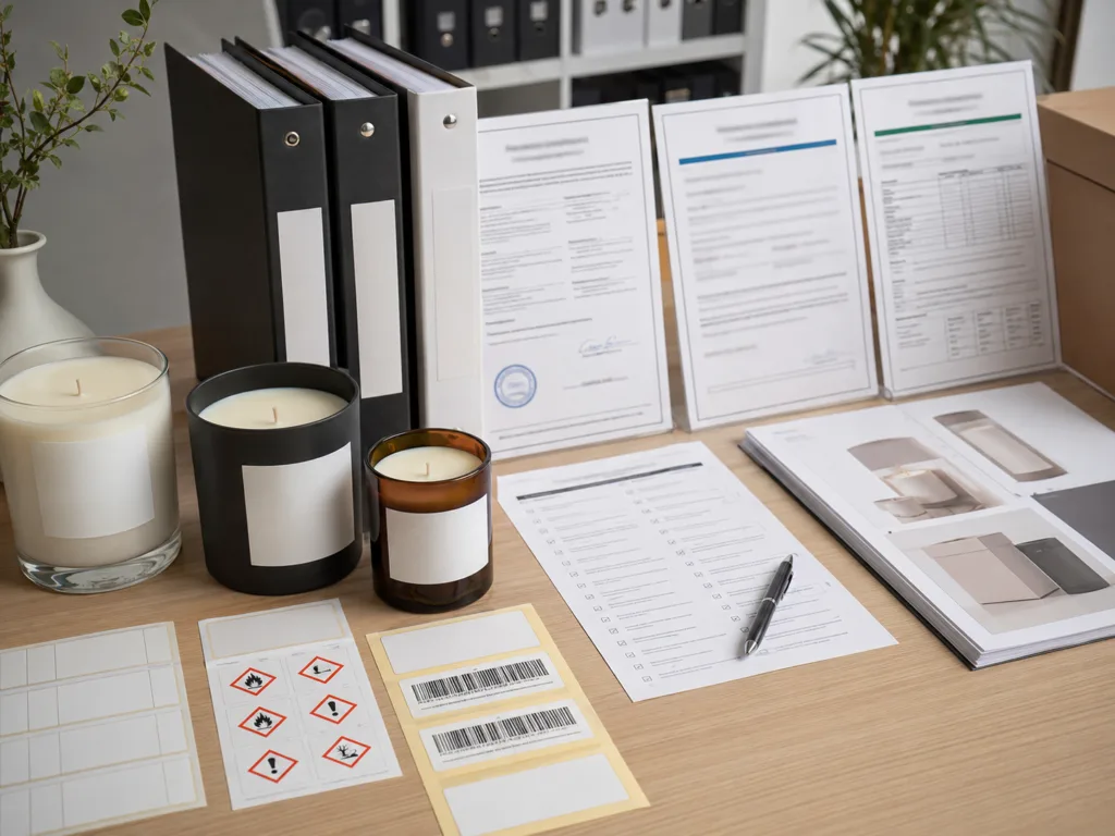 Wholesale Scented Candles: What B2B Buyers Should Know Before Ordering 5 Candle compliance documents, safety labels, SDS folders, IFRA-style sheets, and packaging proofs for wholesale scented candle buyers.