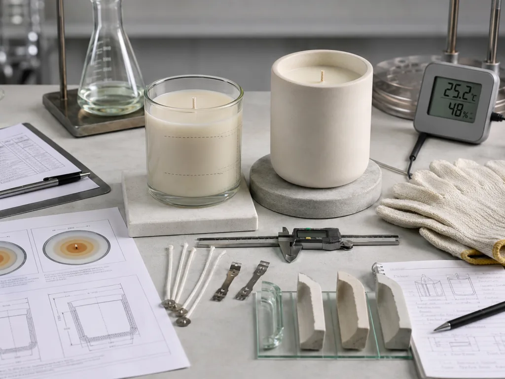 Ceramic vs. Glass Vessels: A Technical Engineering Comparison for Premium Scented Candle Lines 3 Ceramic and glass candle vessels undergoing burn testing and quality control in a scented candle factory.