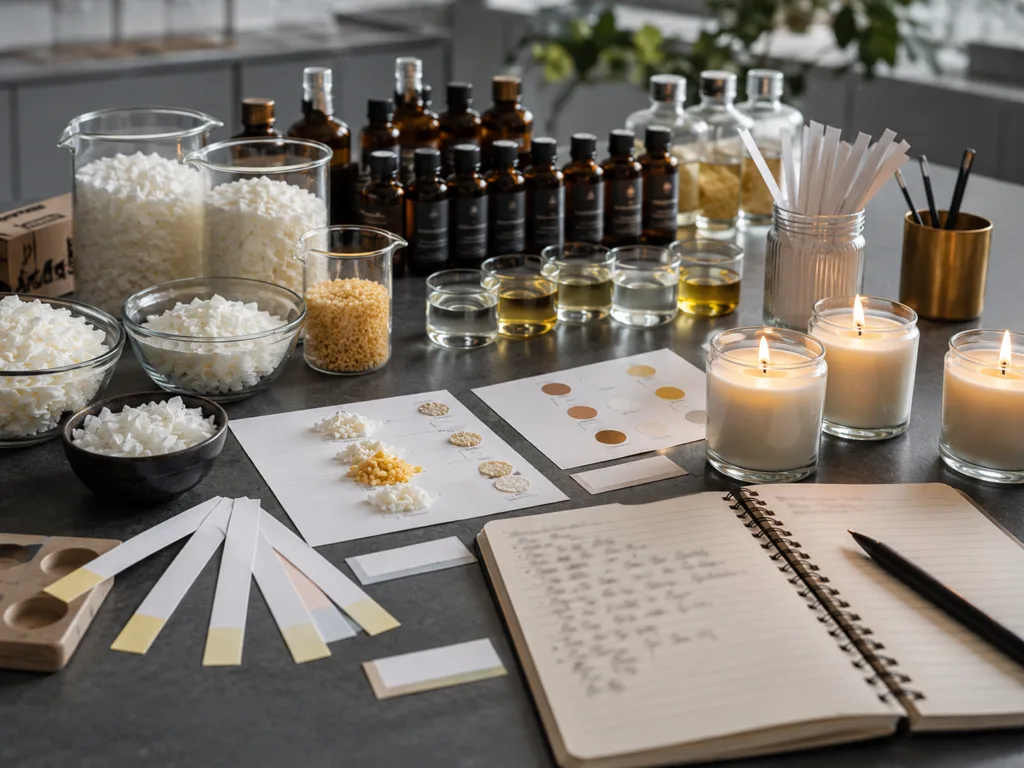 Wholesale Scented Candles: What B2B Buyers Should Know Before Ordering 2 Candle wax and fragrance testing setup with soy wax, beeswax, fragrance oils, scent strips, and test candles for wholesale scented candle orders.
