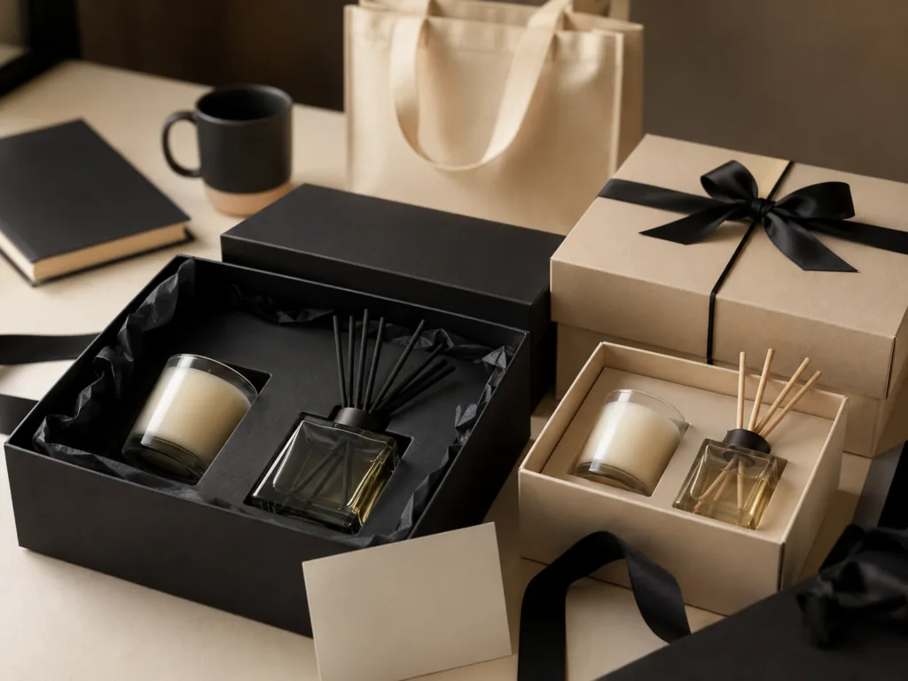 Home Fragrance as Brand Extension: Why Candles and Reed Diffusers Work for More Than Retailers 4 Premium custom candle and reed diffuser gift sets arranged as brand merchandise and corporate gifts with luxury packaging.