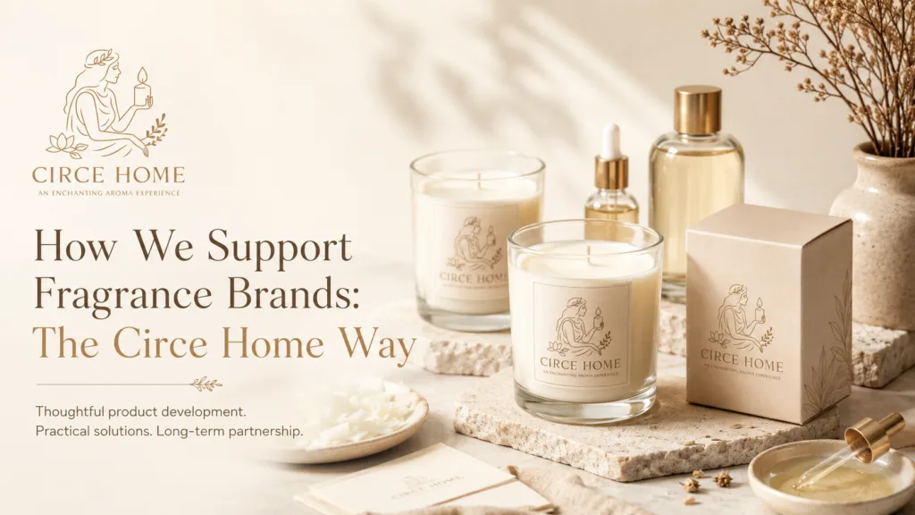 How We Support Fragrance Brands: The Circe Home Way 1 Circe Home article cover featuring branded scented candles, fragrance bottles, wax samples, packaging boxes, and the title How We Support Fragrance Brands: The Circe Home Way.