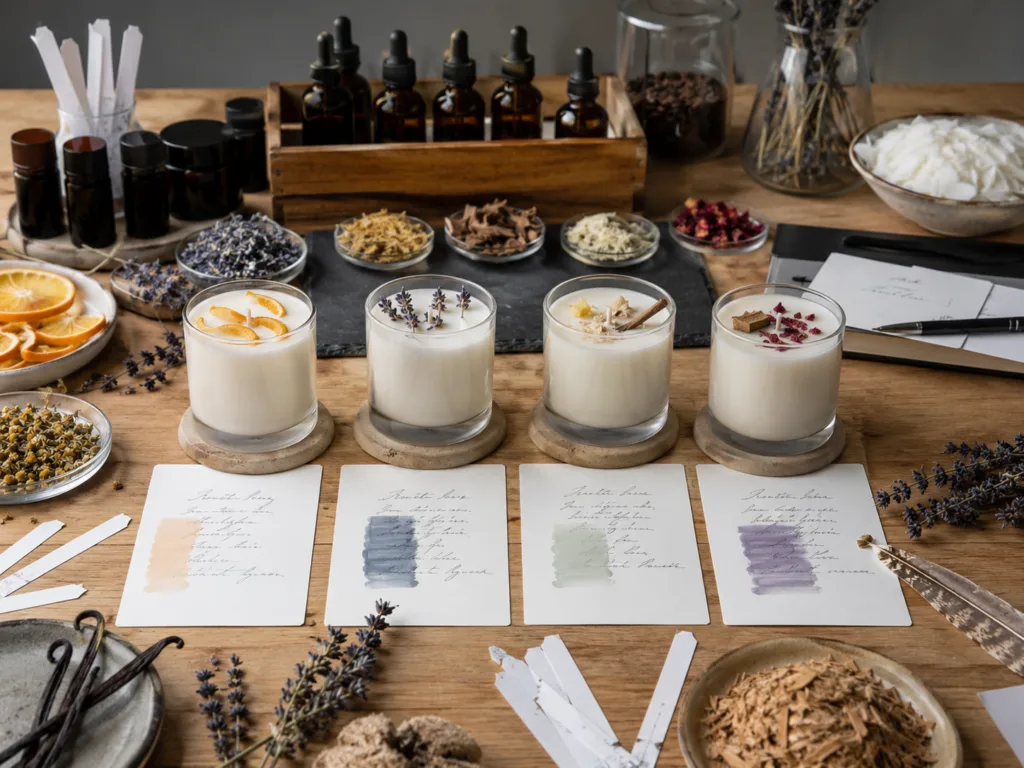 Wholesale Aromatherapy Candles for Wellness Brands, Spas, and Retailers 2 Custom aromatherapy candle scent collection development with fragrance samples and candle prototypes