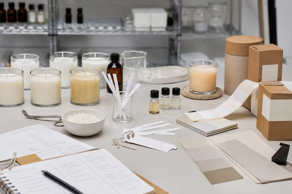 How We Support Fragrance Brands: The Circe Home Way 3 Custom candle sampling table with poured wax jars, wick testing samples, fragrance bottles, wax chips, and packaging prototypes for product development.