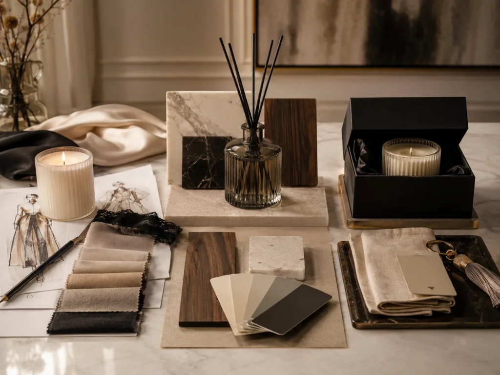 Home Fragrance as Brand Extension: Why Candles and Reed Diffusers Work for More Than Retailers 5 Custom candles and reed diffusers displayed with fashion sketches, interior materials, and boutique hotel styling objects for brand extension.