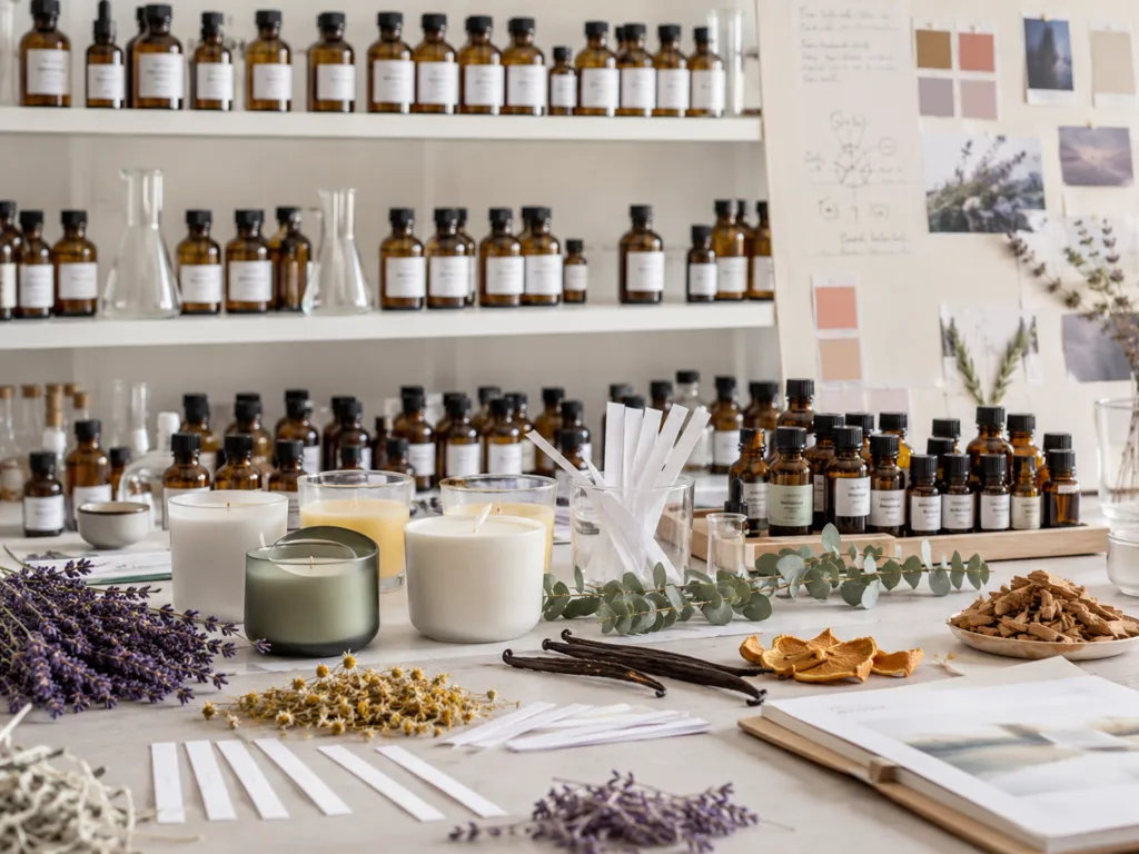 Stress Relief Candles: A Wholesale Guide for Wellness and Lifestyle Brands 2 Custom fragrance library for stress relief candles with scent strips, amber bottles, wax samples and botanical notes