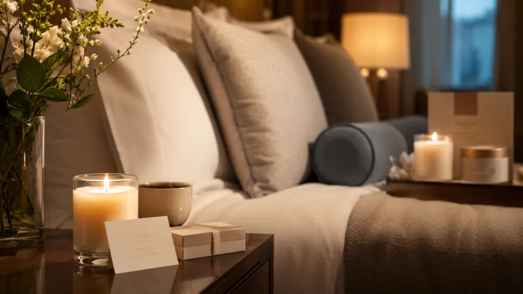 Custom Wellness Candles: A Complete Guide for Brands, Spas and Hotels 3 Custom hotel wellness candle displayed on a luxury bedside table with gift packaging and soft linen for guest experience branding