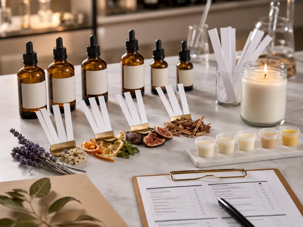 How to Choose the Best Scented Candle for Wholesale, Retail and Private Label Projects 2 Fragrance testing setup for custom scented candles with blotter strips, wax samples and scent development materials