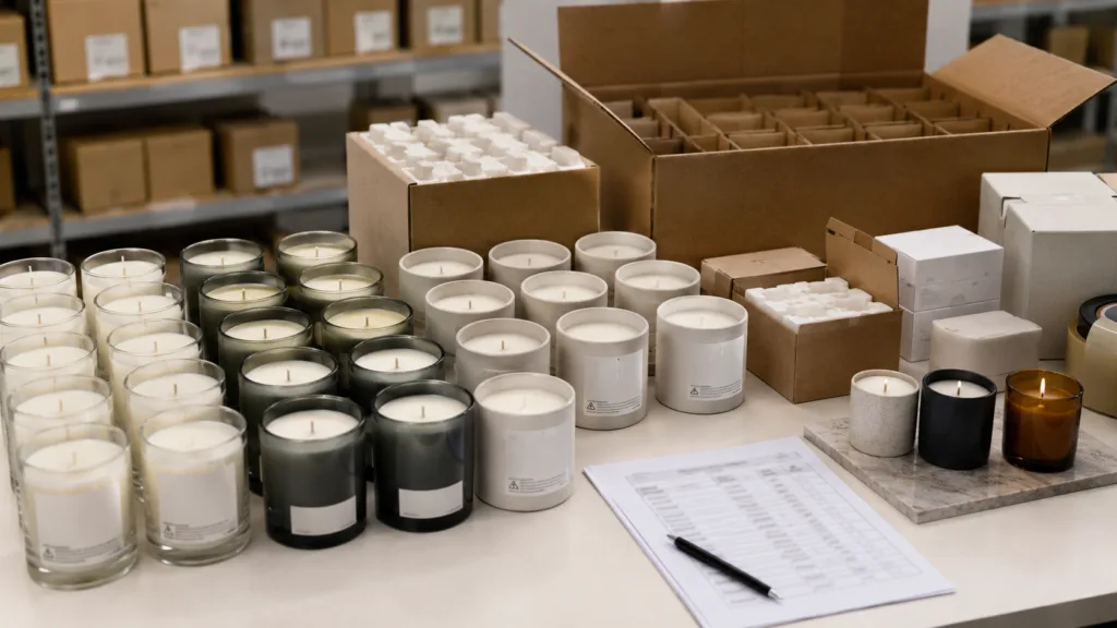 Custom Wellness Candles: A Complete Guide for Brands, Spas and Hotels 6 Custom wellness candle bulk production and export packing with finished candles, retail boxes, inspection checklist and cartons