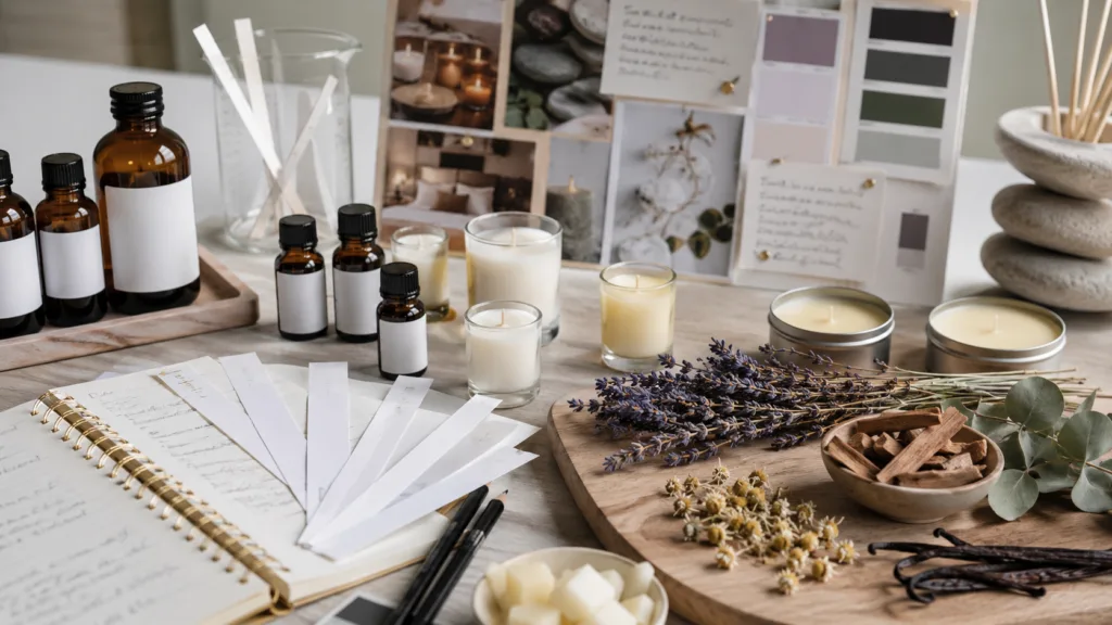 Custom Wellness Candles: A Complete Guide for Brands, Spas and Hotels 4 Custom wellness candle fragrance development table with scent strips, fragrance oils, wax samples and botanical ingredients