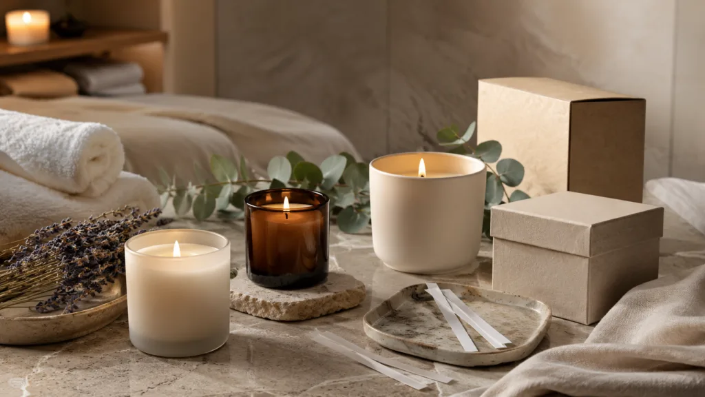 Custom Wellness Candles: A Complete Guide for Brands, Spas and Hotels 1 Custom wellness candles in frosted glass and ceramic vessels arranged with spa towels, fragrance strips and luxury packaging for brands, spas and hotels