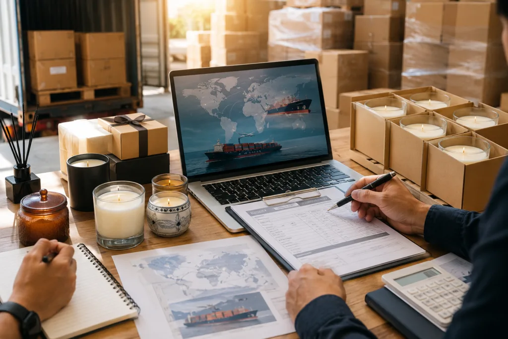 Sourcing & Importing Candles from China: Customs Duties, Tariffs, and HTS Code Classification Guide 6 B2B export coordination image showing private label candles, shipping cartons, and customs quote planning for importing candles from China