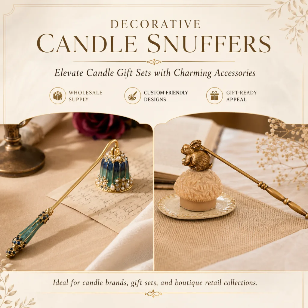 Decorative candle snuffers with enamel pearl and golden hare designs for wholesale candle gift sets and boutique retail collections.