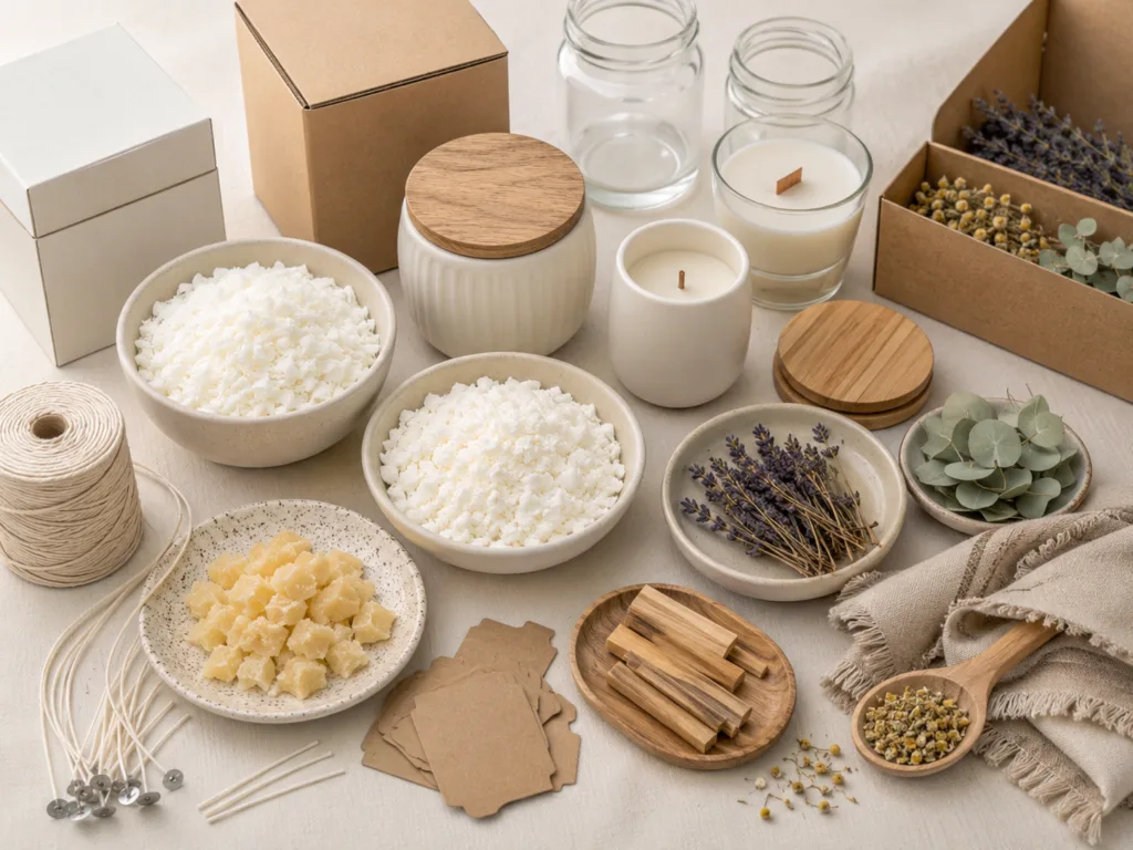 Wholesale Aromatherapy Candles for Wellness Brands, Spas, and Retailers 3 Eco-friendly wax materials including soy wax coconut wax and beeswax for aromatherapy candle manufacturing