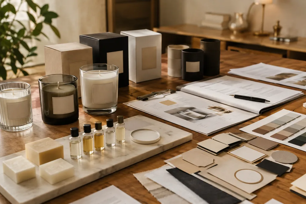 How We Support Fragrance Brands: The Circe Home Way 2 B2B fragrance brand development table with custom candles, fragrance samples, packaging options, wax blocks, and private label branding materials.