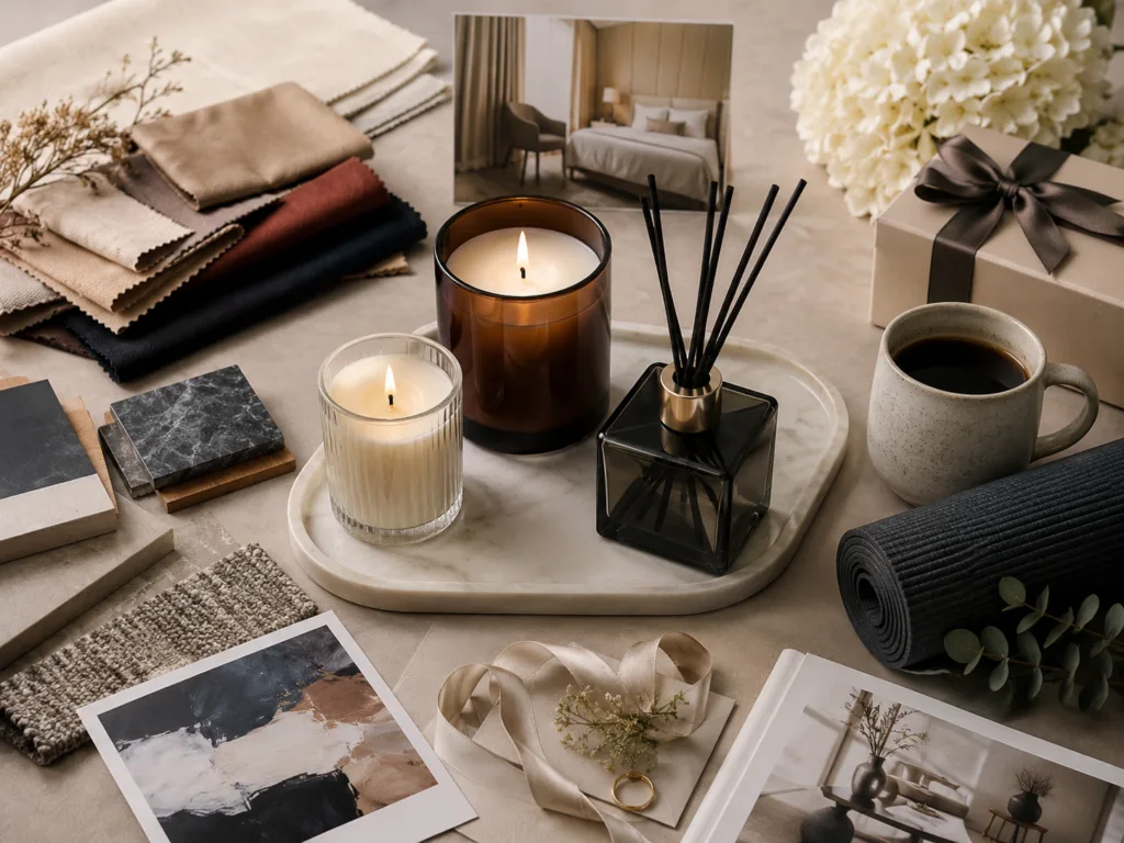 Home Fragrance as Brand Extension: Why Candles and Reed Diffusers Work for More Than Retailers 3 Custom candles and reed diffusers surrounded by fashion, hotel, art, wellness, café, wedding, and corporate gift elements for multiple industries.