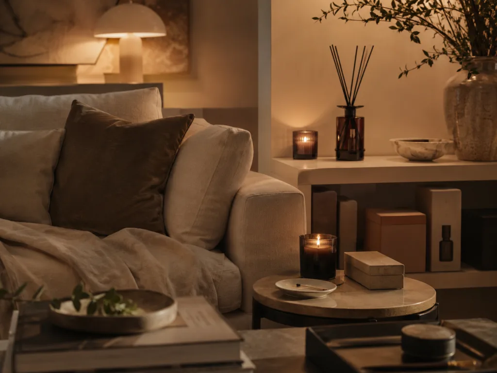 Home Fragrance as Brand Extension: Why Candles and Reed Diffusers Work for More Than Retailers 2 Scented candle and reed diffuser styled inside a private living room to show how home fragrance creates brand memory at home.