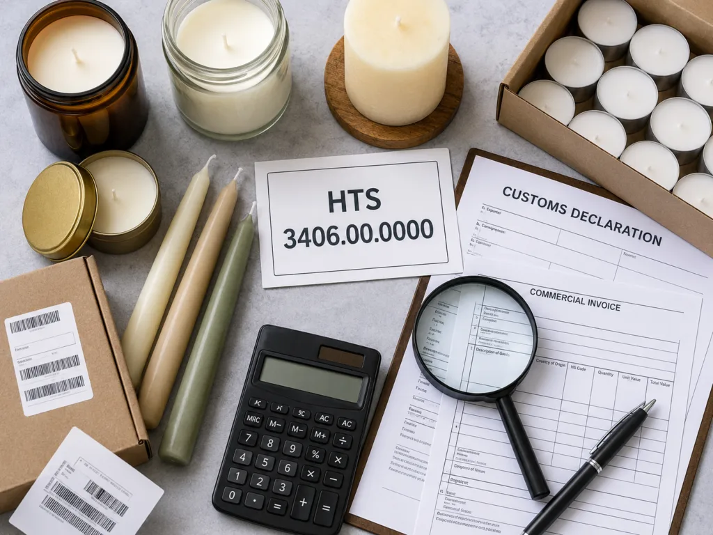 Sourcing & Importing Candles from China: Customs Duties, Tariffs, and HTS Code Classification Guide 2 Top-down customs classification image showing different candle types and HTS code 3406.00.0000 for importing candles from China