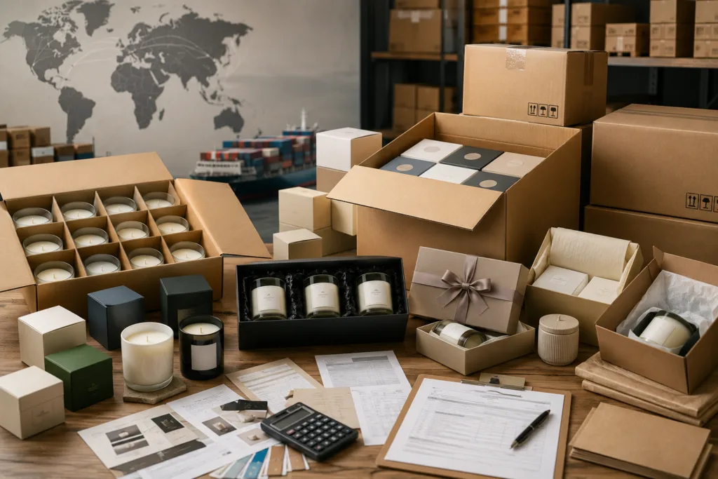 How We Support Fragrance Brands: The Circe Home Way 4 Private label scented candles packed in retail boxes and export cartons with shipping documents, sample approval cards, and protective packaging.