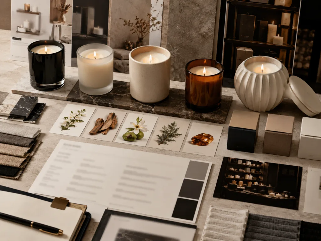 Top Luxury Candle Brands & Luxury Scented Candles Guide 2026 2 Luxury candle brand moodboard showing premium scented candle styles for B2B buyers