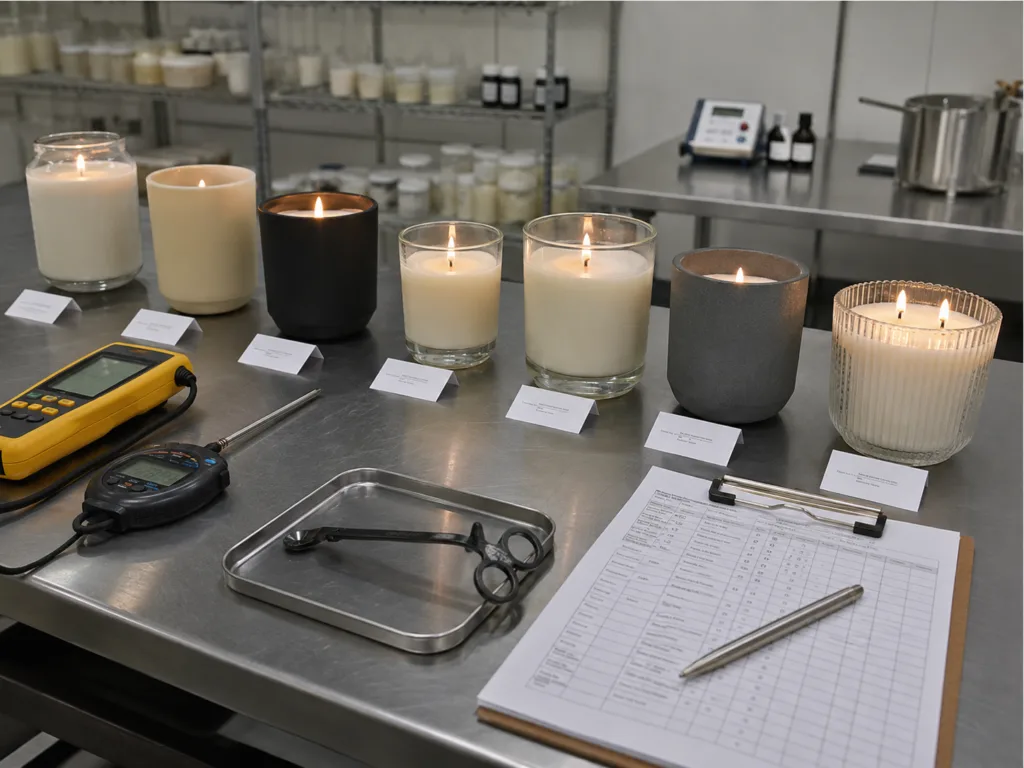 Are Luxury Candles a Scam? What B2B Buyers Should Know Before Sourcing 3 Luxury candle burn testing with wick matching, melt pool inspection and quality control tools