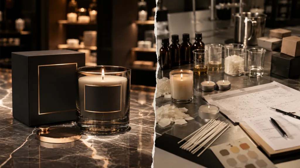 Luxury candles sourcing comparison showing premium candle packaging and professional candle manufacturing inspection