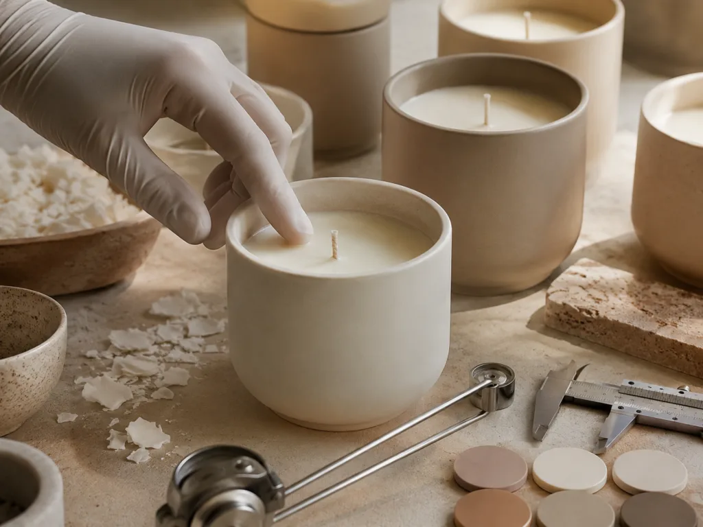 A Candle Sample Is Not the Final Product — It Is the Calibration Standard for Better Bulk Production 2 Natural wax candle surface and ceramic vessel calibration for premium private label candle production