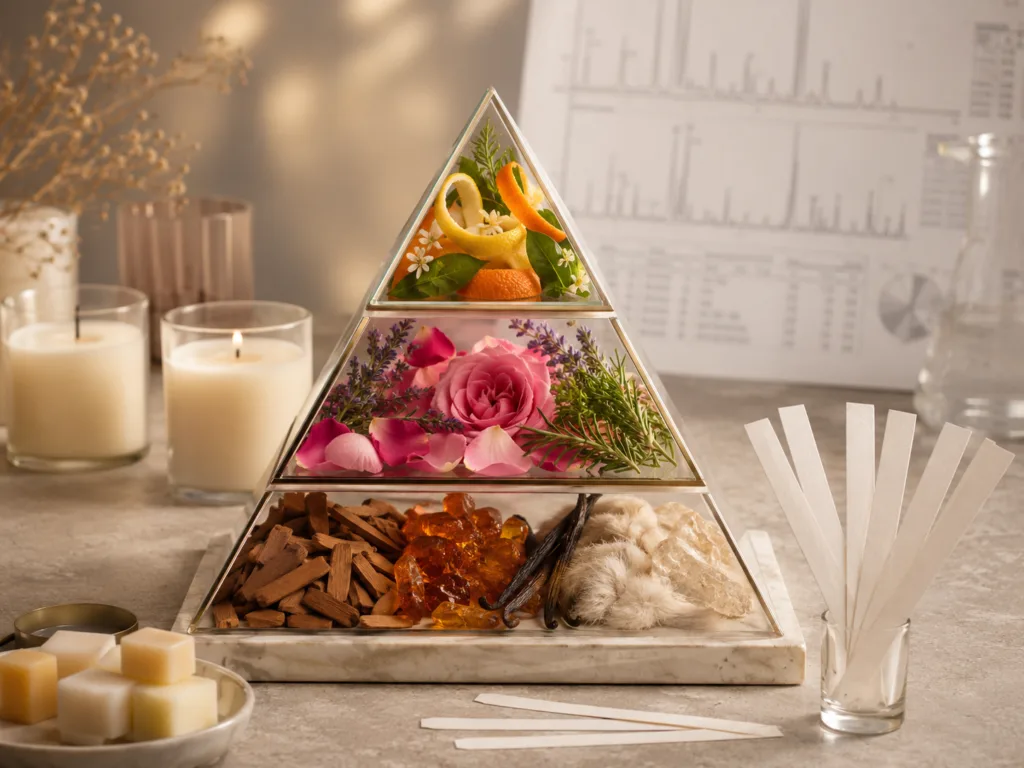 Scent Matching and Reverse Engineering: Cloning Premium Cult Fragrances via GC-MS Lab Technology 3 Olfactory pyramid reconstruction for custom candle fragrance development from GC-MS scent data