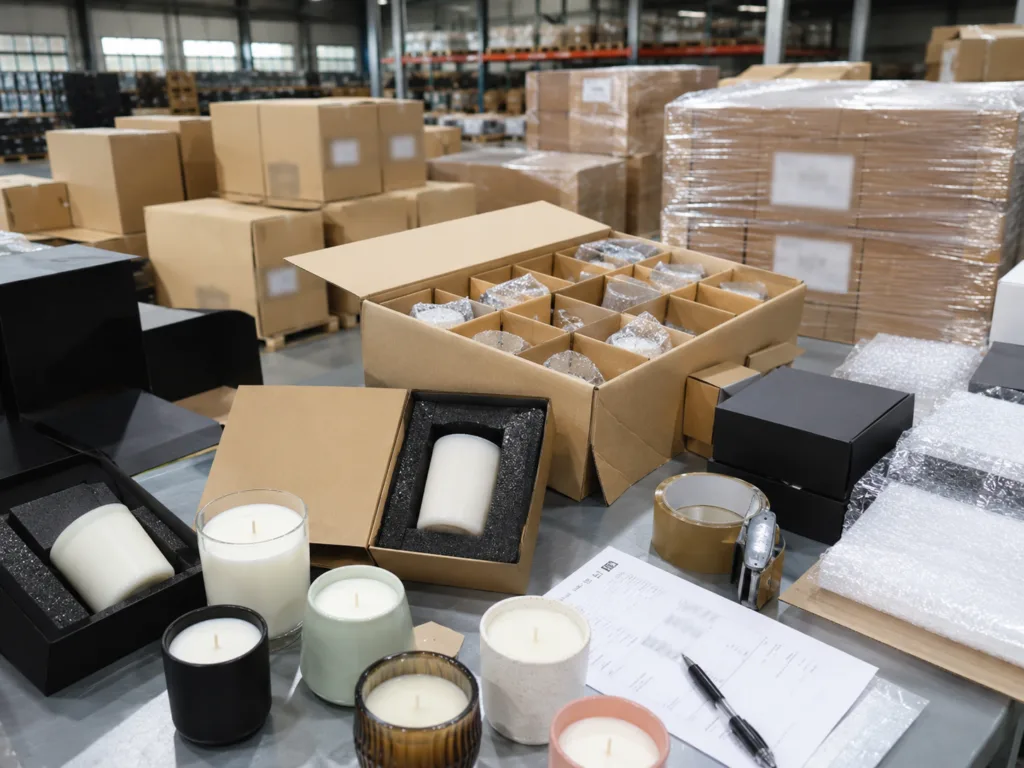 Ceramic vs. Glass Vessels: A Technical Engineering Comparison for Premium Scented Candle Lines 5 Premium ceramic and glass candle vessels packed with protective export packaging for bulk international orders.
