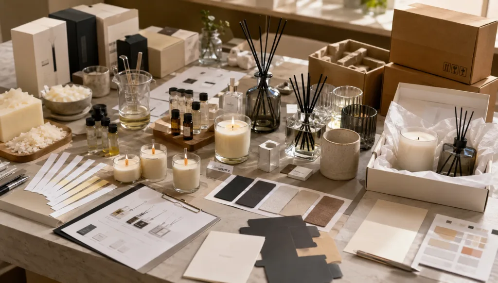 Home Fragrance as Brand Extension: Why Candles and Reed Diffusers Work for More Than Retailers 6 Private label home fragrance development table with candle samples, reed diffusers, fragrance strips, packaging mockups, and export cartons.