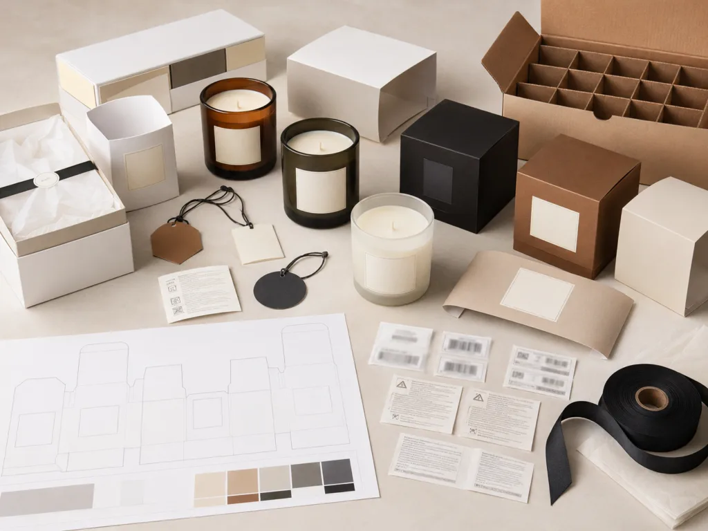 How to Choose the Best Scented Candle for Wholesale, Retail and Private Label Projects 4 Private label scented candle packaging with blank labels, gift boxes, hang tags and retail-ready branding materials