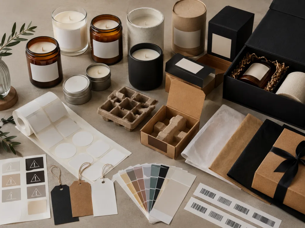 Wholesale Scented Candles: What B2B Buyers Should Know Before Ordering 4 Private label scented candle packaging options with glass jars, ceramic vessels, gift boxes, paper tubes, labels, and protective inserts.