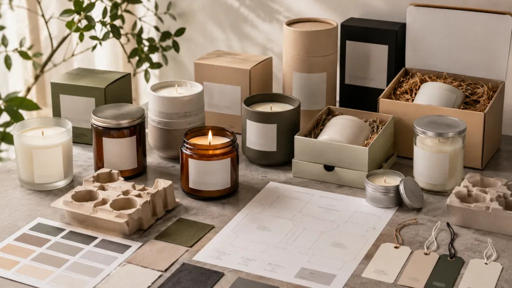 Custom Wellness Candles: A Complete Guide for Brands, Spas and Hotels 5 Private label wellness candle packaging options with glass jars, ceramic vessels, labels, gift boxes and protective inserts