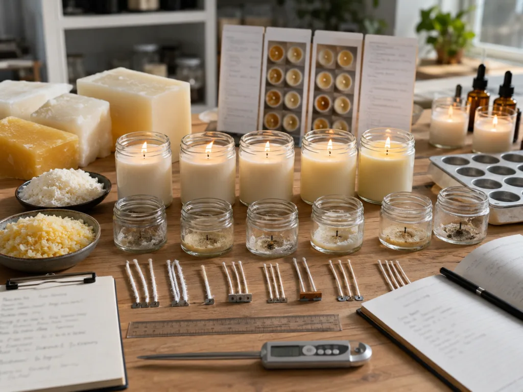 How to Choose the Best Scented Candle for Wholesale, Retail and Private Label Projects 3 Wax and wick burn testing for wholesale scented candle production with soy wax, beeswax blend and lit candle samples