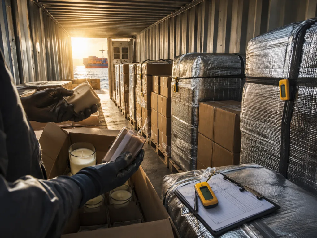Sourcing & Importing Candles from China: Customs Duties, Tariffs, and HTS Code Classification Guide 5 Shipping container scene showing candle export cartons, thermal protection, and heat management during sea freight from China