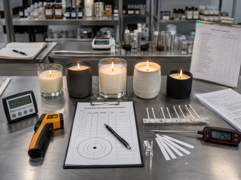 Stress Relief Candles: A Wholesale Guide for Wellness and Lifestyle Brands 4 Stress relief candle burn testing with lit samples, wick tools, timer and quality control documents for wholesale production