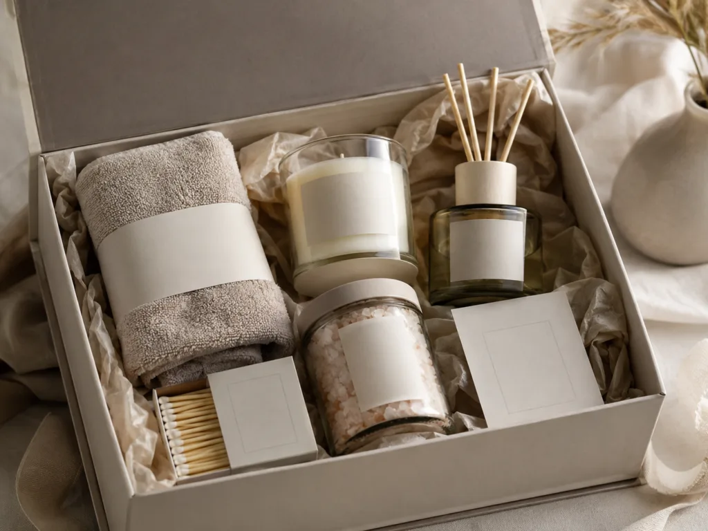 Stress Relief Candles: A Wholesale Guide for Wellness and Lifestyle Brands 5 Private label stress relief candle wellness gift set with reed diffuser, towels, bath salt and premium packaging