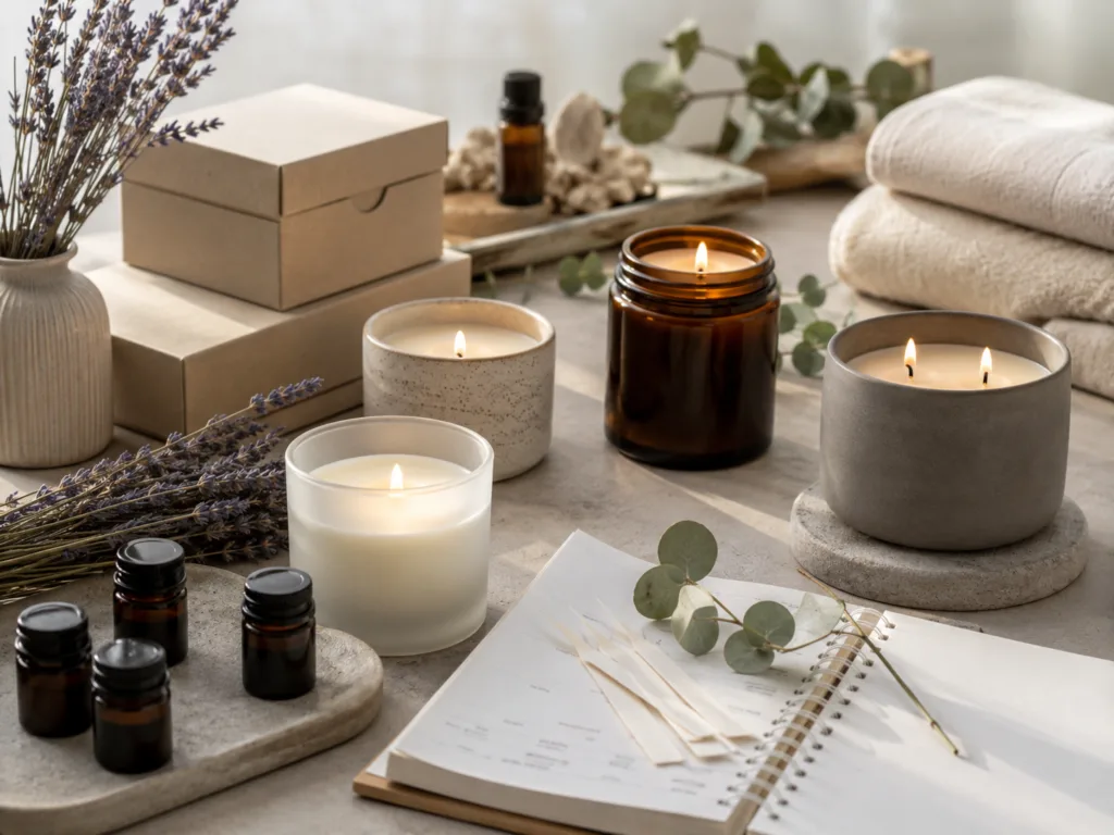 Stress Relief Candles: A Wholesale Guide for Wellness and Lifestyle Brands 1 Wholesale stress relief candles in premium vessels with fragrance samples, gift boxes and wellness styling for private label brands