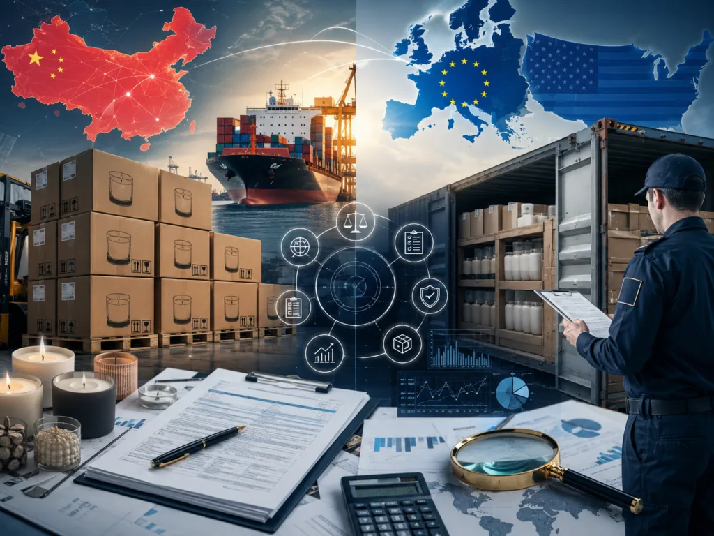 Sourcing & Importing Candles from China: Customs Duties, Tariffs, and HTS Code Classification Guide 3 Modern trade image showing candle import tariffs, customs review, and shipping compliance for the US and EU