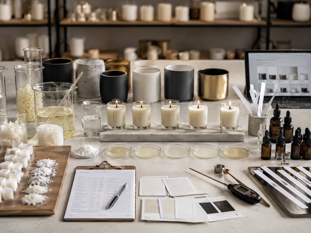 Top Luxury Candle Brands & Luxury Scented Candles Guide 2026 3 Luxury scented candle development showing fragrance testing wax samples and premium vessel options