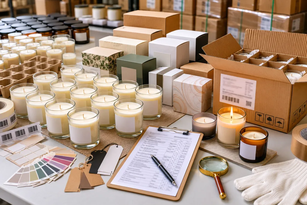 Wholesale Scented Candles: What B2B Buyers Should Know Before Ordering 6 Wholesale scented candle quality inspection and export packing with bulk candles, retail boxes, carton dividers, labels, and QC checklist.